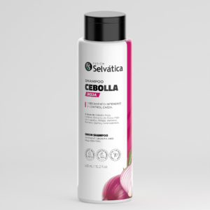 Shampoo de cebolla roja Fusión Selvática de 450 ml en botella blanca con tapa negra y de cebolla morada.